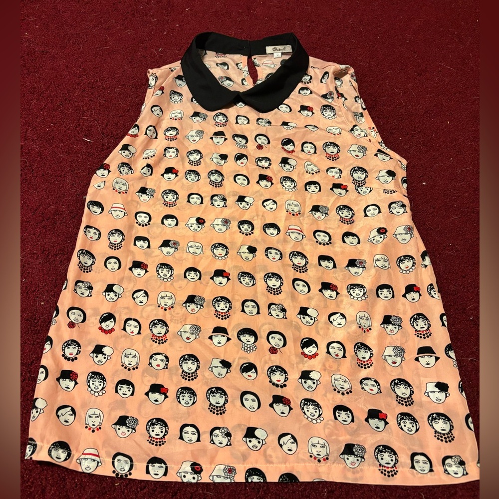 OHAYO SZ L FACES TOP PETER PAN COLLAR BLOUSE POLY GUC VINTAGE Y2K